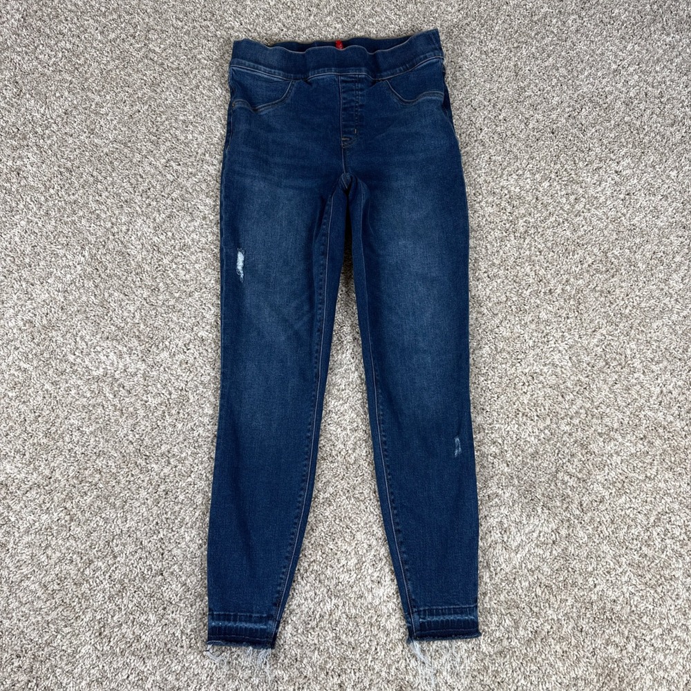 Spanx Leggings Women Size M Blue Dark Wash Distressed Raw Hem Denim Skinny